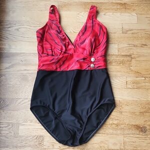 (16) Christina Red and Black One-Piece Swimsuit Gold Glitter Button Accent Swim